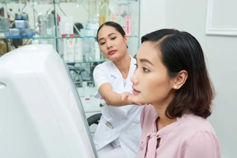 A doctor assessing a patient's skin using a facial analysis machine during an aesthetic procedures in Singapore clinic consultation