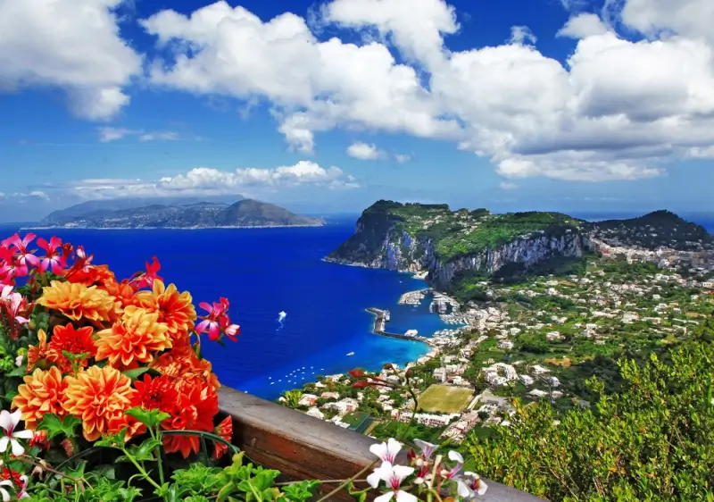 Aerial view of a trip to Capri, Italy showing the island surrounded by deep blue Tyrrhenian Sea with vibrant flowers in foreground