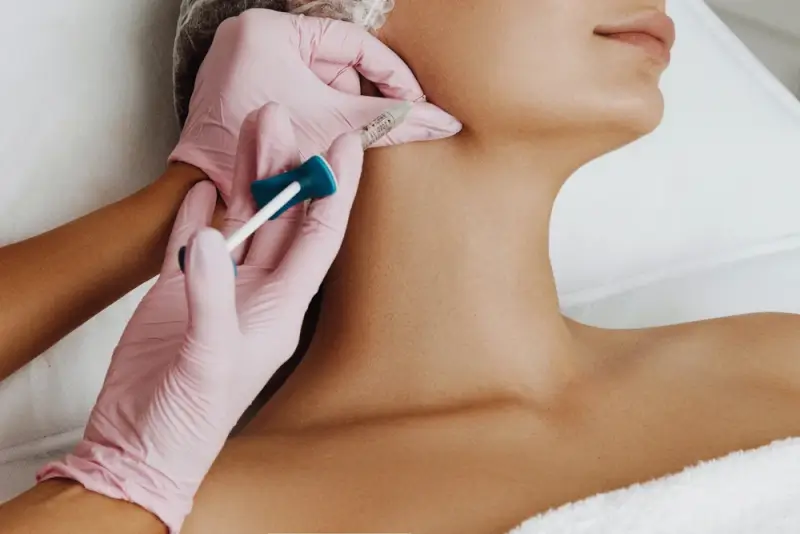 A gloved practitioner administering a dermal filler injection along a patient's jawline during a facial contouring treatment