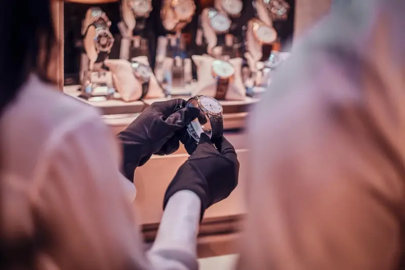 A luxury watch reseller in black gloves carefully handling a timepiece in front of a display case filled with high-end watches