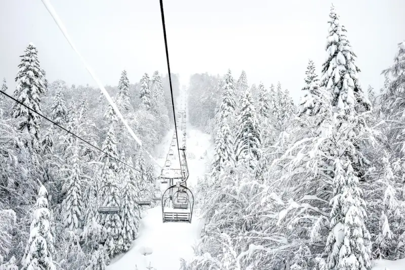 Cable ski lift ascending through snow-covered pine forest at Kolašin 1450 resort in Montenegro