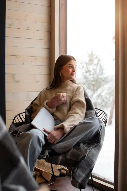 Woman wrapped in a blanket reading a book and holding a hot drink inside a cozy wooden cabin with snowy trees outside the window