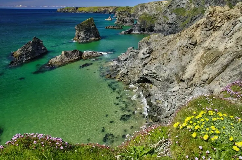 Dramatic rock formations and vivid turquoise waters at Bedruthan Steps on the Cornwall coastline with wildflowers in the foreground