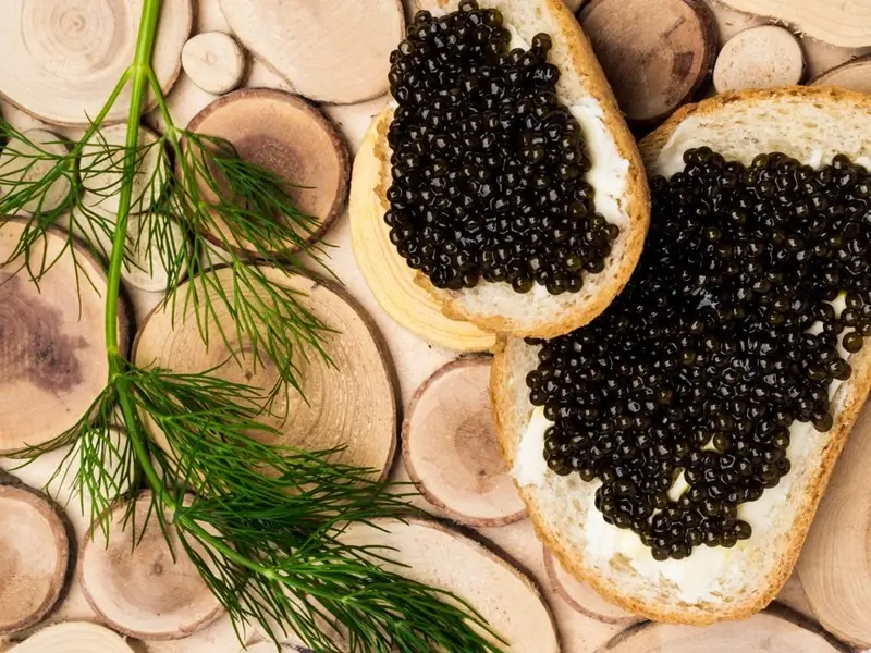 Black Astrakhan Russian salted sturgeon caviar served on bread with cream and fresh dill on a rustic wooden background