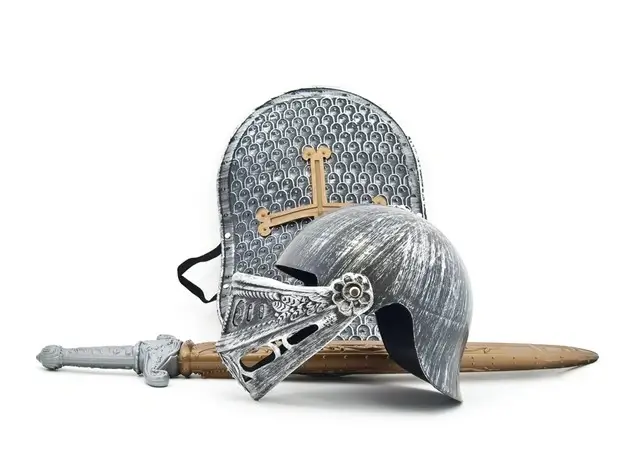 A medieval buhurt helmet with a shield and sword on a white background