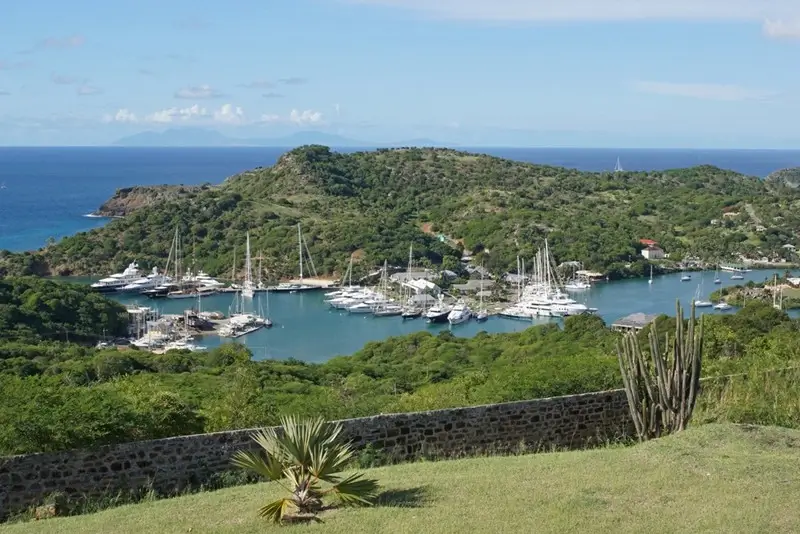 Scenic overlook of Nelson's Dockyard marina nestled in Antigua's English Harbour