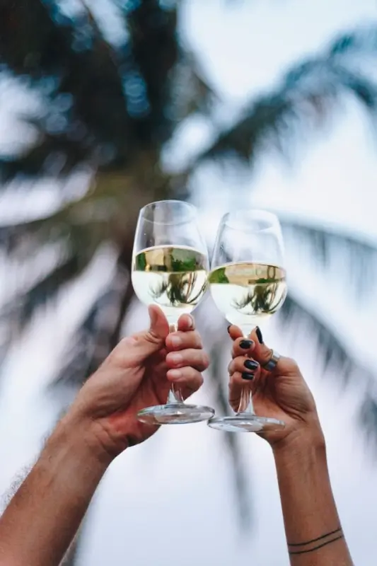 A couple toasting with white wine glasses outdoors under palm trees, celebrating an early connection in international dating.
