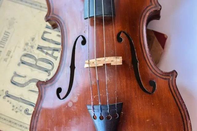 A close-up of a Hardanger violin body showing its strings, bridge, and decorative sound holes