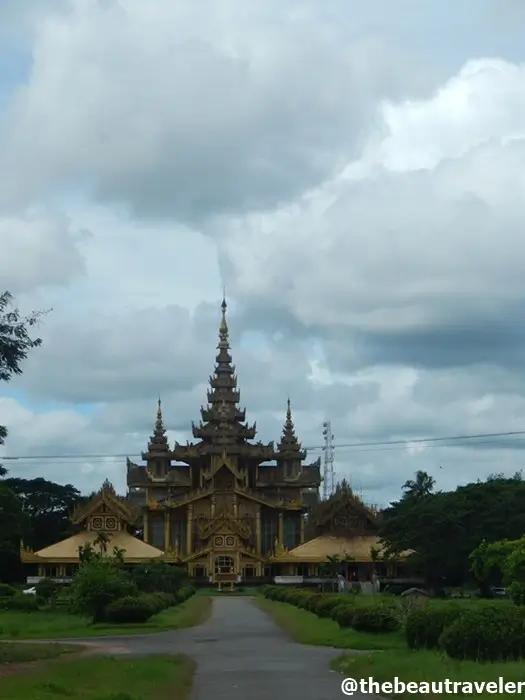 Kanbawzathadi Palace replica with golden Burmese architecture in Bago, Myanmar