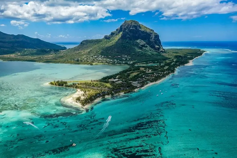 Mauritius itinerary highlight — aerial view of Le Morne Brabant with crystal clear turquoise waters and white sand beaches
