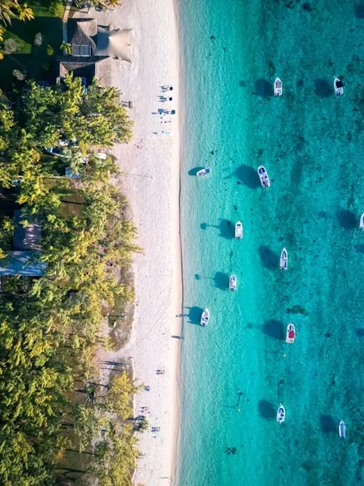 Aerial top-down view of a white sand beach in Mauritius with turquoise water, anchored boats and palm-lined shore