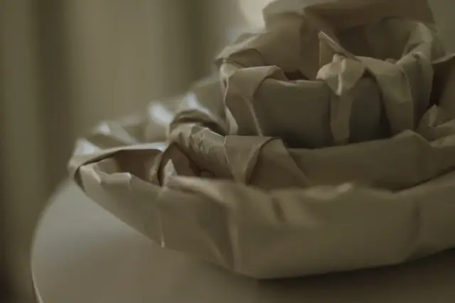 plates and bowls individually wrapped in packing paper to protect fragile dishes during a move