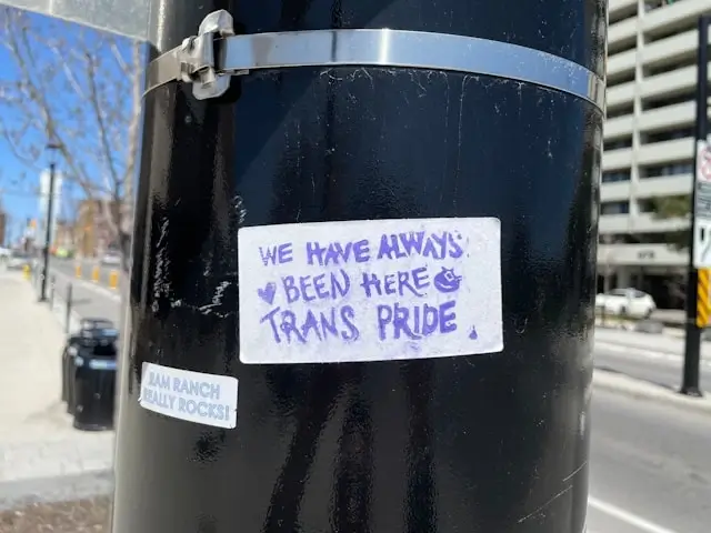 we have always been here trans pride sticker on a street pole