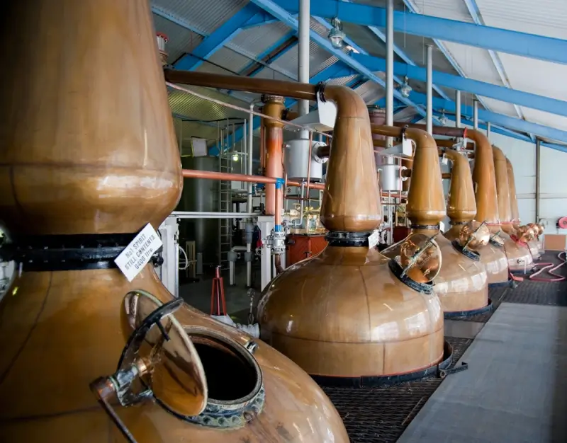 A long row of copper pot stills inside a working Scottish whisky distillery