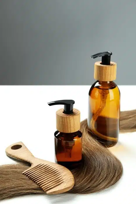 Best products for your hair type — amber bottles and wooden comb with hair strands