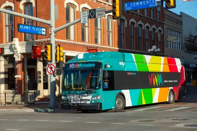 VIA Viva bus on Route 40 at Alamo Plaza intersection in San Antonio