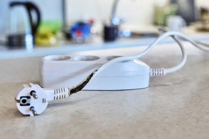 White power strip with a scorched plug wire showing signs of electrical damage