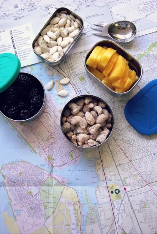 food safety without a refrigerator — nuts, fruits, and snacks in reusable containers laid out on a road map
