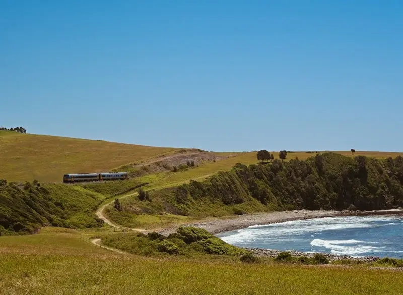 scenic coastal countryside in Kiama with a train passing through green hills by the ocean