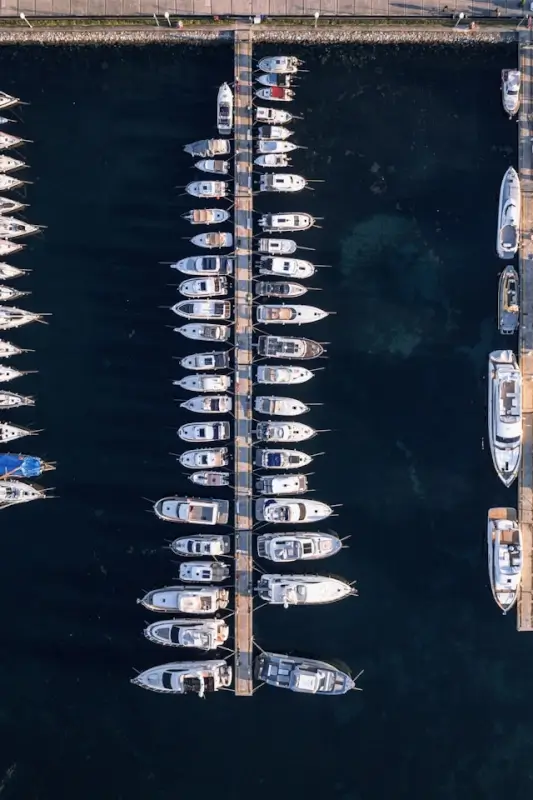 Aerial view of a modern marina with rows of boats docked along a pier