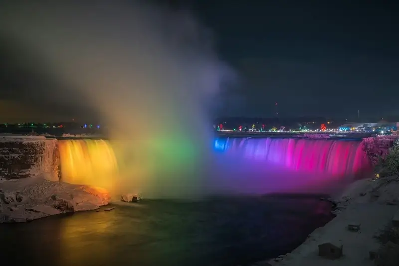 colorful illumination lights on Niagara Falls Canada during a winter night