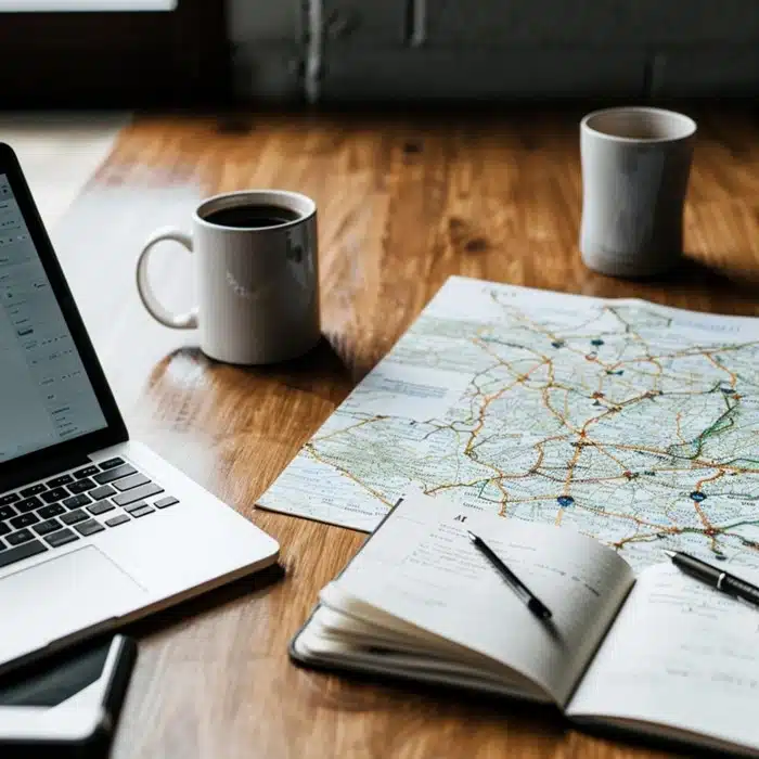 Travel planning setup with an open road map, notebook, pen, and laptop on a wooden table