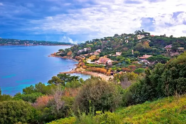 Luxury villas nestled among lush greenery along the St. Tropez coastline with turquoise waters below
