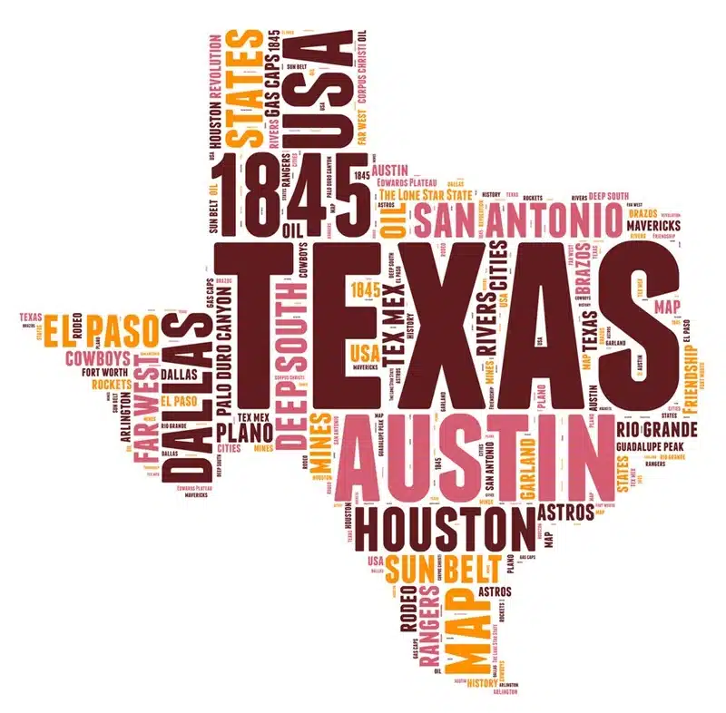 Texas state map illustration made up of city names and landmarks in red and orange typography