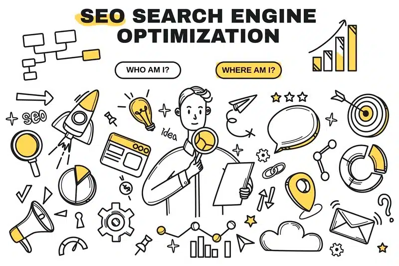 illustrated guide to search engine optimization concepts including rankings, content, and online visibility