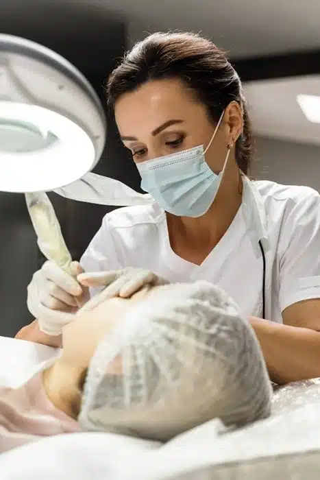 licensed skin therapist performing a professional facial treatment under a magnifying lamp
