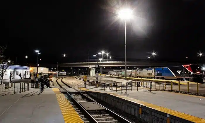 Amtrak train at Salt Lake City station platform at night