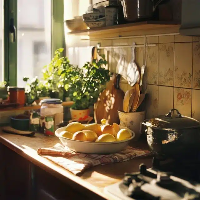 Sunny apartment cooking space with fresh lemons, potted herbs, wooden utensils, and a cast iron pot on the counter