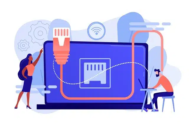 illustration of people connecting an ethernet cable to a laptop representing fiber internet in Houston TX