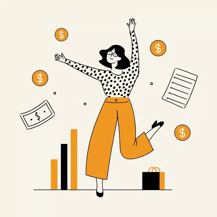 cheerful woman surrounded by coins, cash, and charts representing confident finance planning and money management overseas