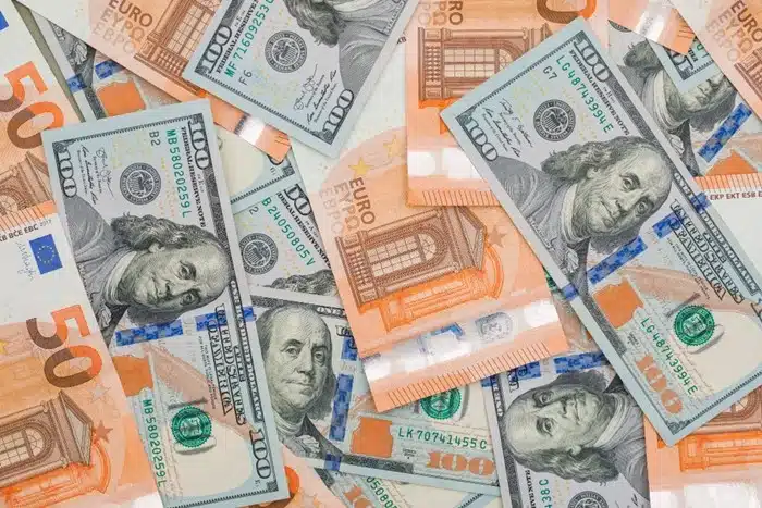 mixed US dollars and euro banknotes spread out representing managing multiple currencies while living overseas