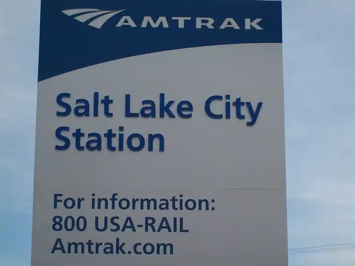 Amtrak Salt Lake City Station sign with contact information