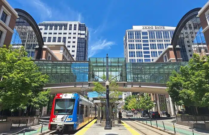 Salt Lake City Creek Station light rail in downtown Utah on a sunny day