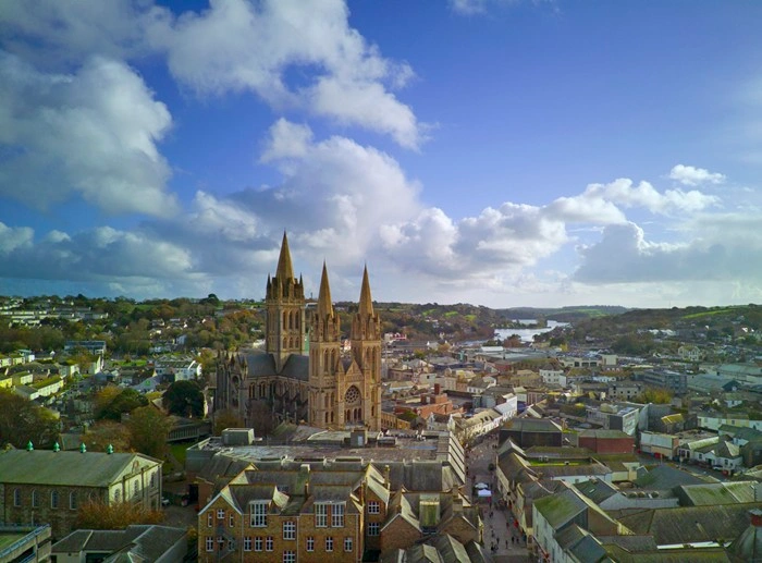 Aerial view of Truro Cathedral rising above the rooftops — a top reason to visit Truro in Cornwall