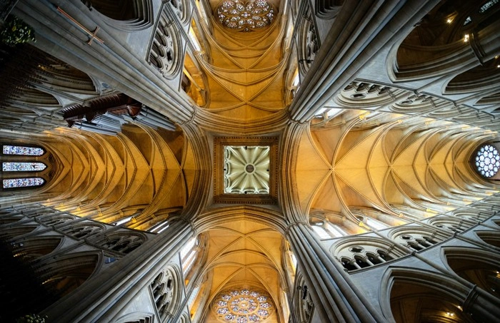 The stunning ribbed vaulted ceiling and stained glass windows of Truro Cathedral