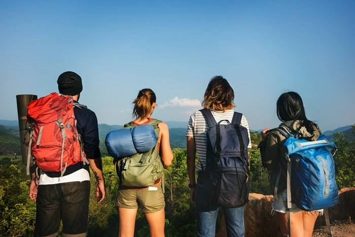 Four travelers with backpacks looking out over a lush green valley from a hilltop overlook