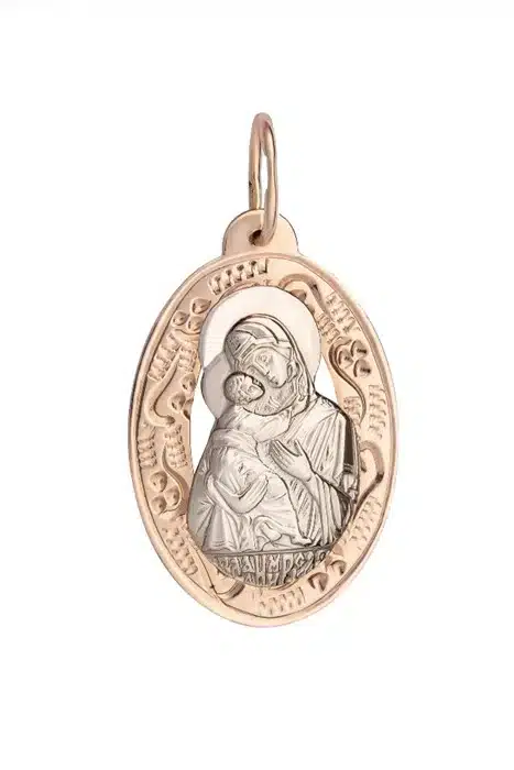 oval rose gold virgin mary and jesus pendant with ornate engraved border