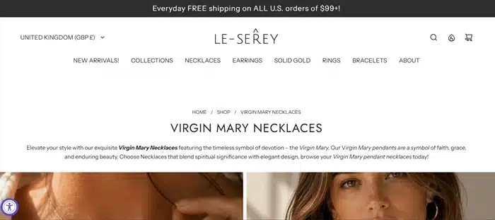 Le Serey faith jewelry collection page showcasing mary necklace designs