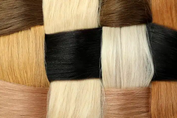 Close-up of real human hair strands in multiple colors including black, blonde, and brown