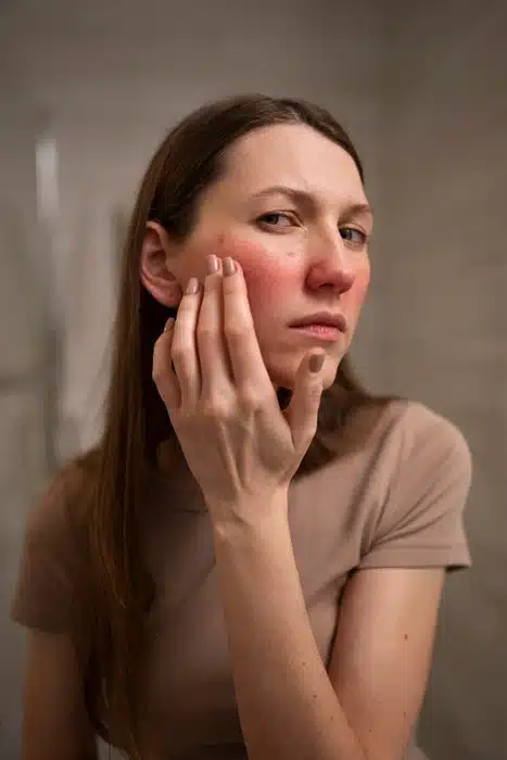 woman examining her cheek with visible rosacea and chronic redness unresponsive to home care