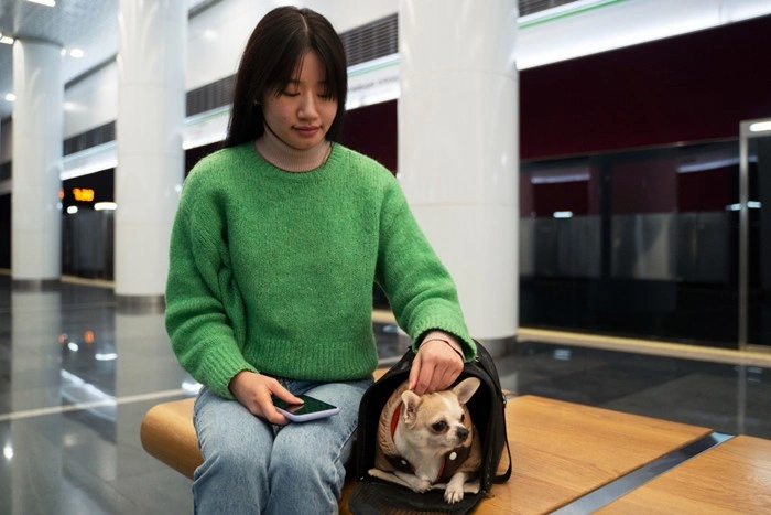 Woman in a green sweater petting a Chihuahua inside a pet carrier bag while waiting at a boarding area