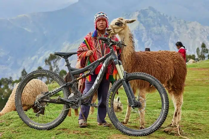 Peruvian boy in traditional poncho standing with a mountain bike and llama in the Andes