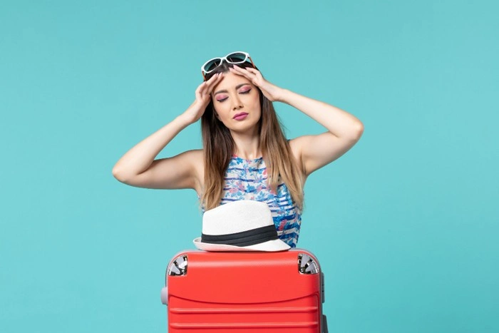 A stressed woman traveler with a red suitcase and hat, representing the anxiety of traveling without travel insurance
