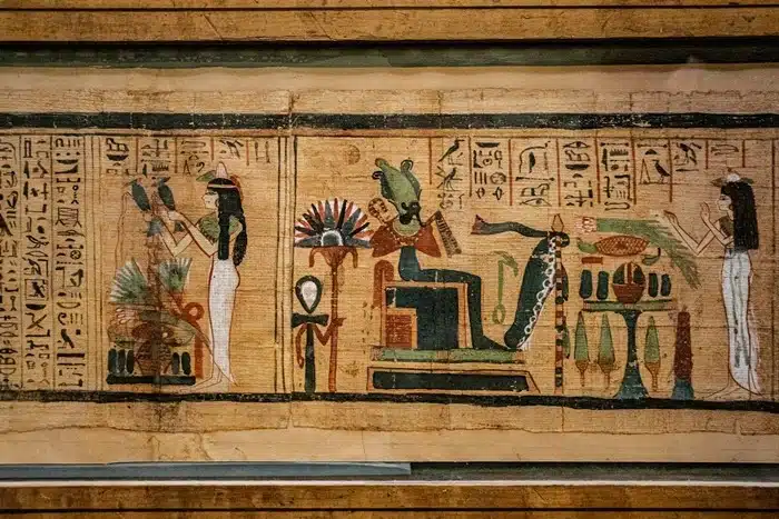 Ancient mural showing Egyptian gods and hieroglyphic inscriptions at a Cairo museum