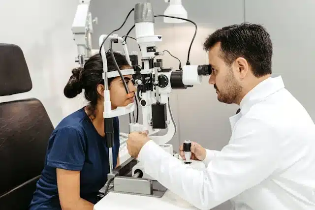 Optometrist checking a patient's eye prescription before ordering sunglasses