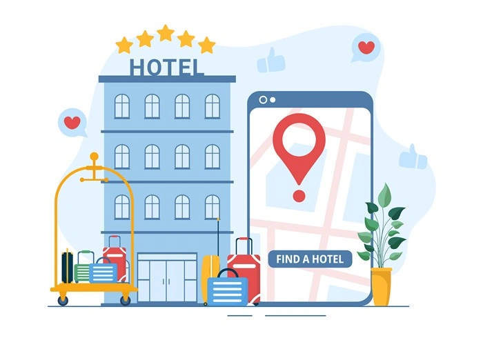 Illustrated five-star hotel with luggage, a map location pin, and a find a hotel search screen